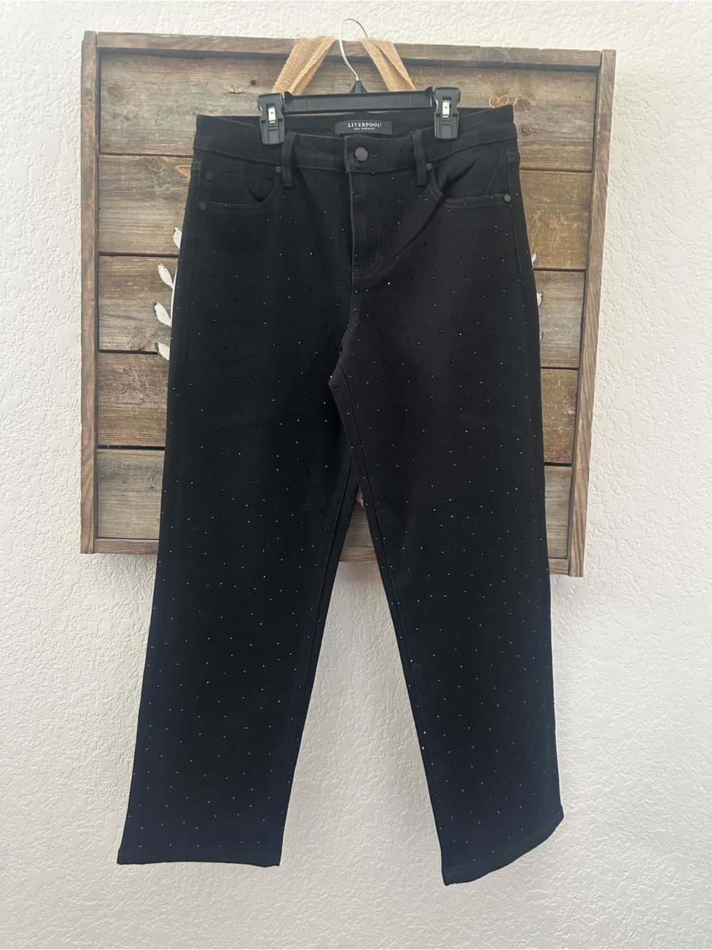 Liverpool Kennedy straight leg black denim with rhinestone detail size 10/30
